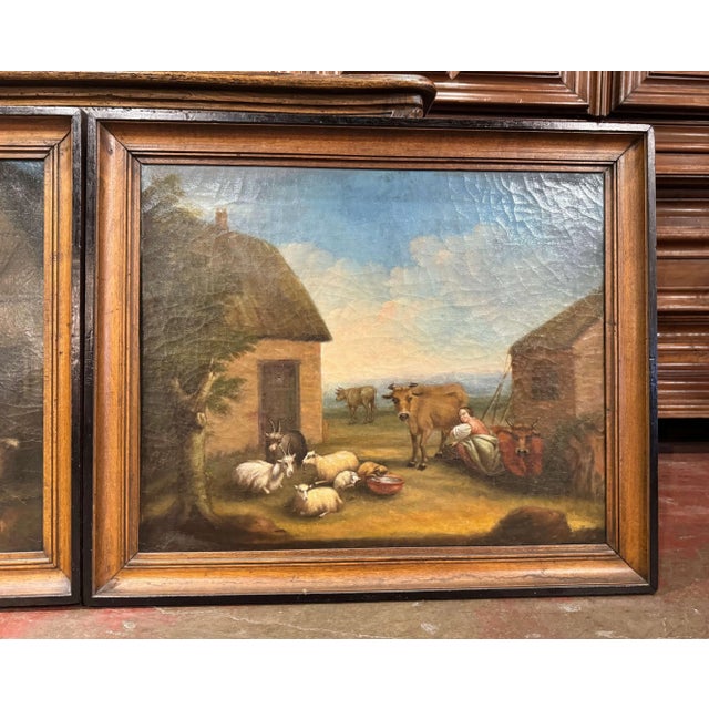 French Pair of 19th Century French Pastoral Oil Paintings in Blackened Frames For Sale - Image 3 of 11