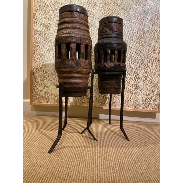 Antique Mid 19th Century Cogs on Custom Metal Stand - Set of 2 For Sale - Image 4 of 12