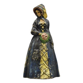 Antique Victorian Cast Iron Figural Colonial Woman Blue Dress Painted Door Stop For Sale