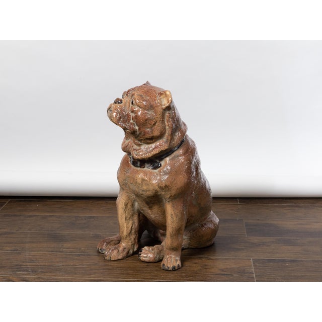 Brown Vintage English Midcentury Sitting Bulldog Pottery Statue with Black Collar For Sale - Image 8 of 10