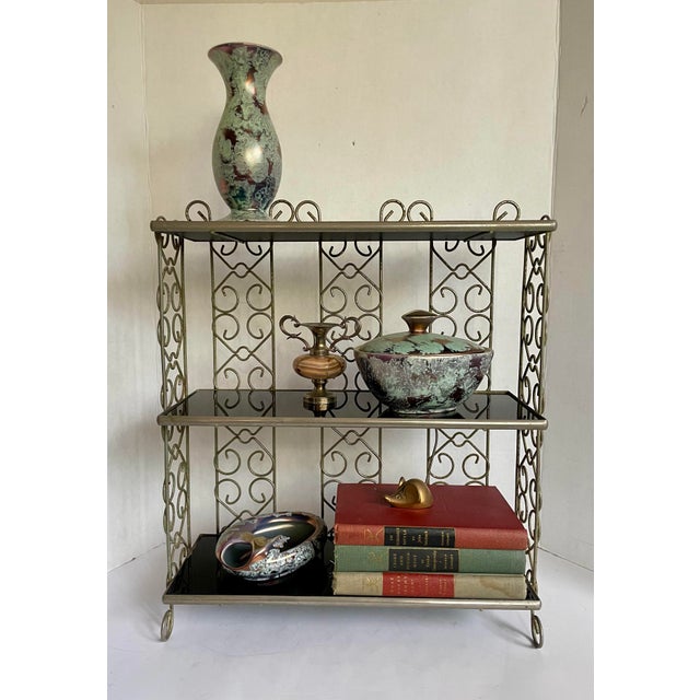 Mid-Century Modern Mid-Century Hollywood Regency Silver-Tone Metal Tabletop Étagère With Black Glass Shelves For Sale - Image 3 of 12