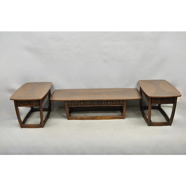 Vintage Mid Century Modern Sculpted Walnut & Laminate Top Surfboard Coffee Table and End Table Living Room Set - 3 Pcs....