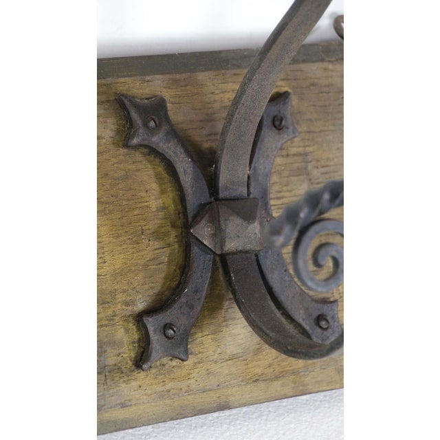 Mid 20th Century Mid 20th Century European 3-Curled Wrought Iron Hooks Wood Mount Wall Rack For Sale - Image 5 of 10