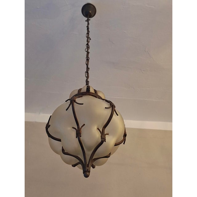 Venetian Murano Blown Frosted Glass Hall Lantern Pendant Light in Iron Frame, Italy, 1960s For Sale - Image 9 of 11