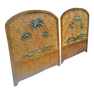 A Pair Stunning Wood Rattan Weaved Hand Painted Palm Tree Twin Size Regency Headboards For Sale