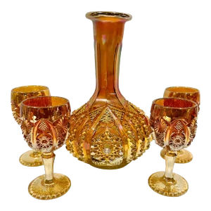 Vintage Daisy and Button Marigold Decanter Set - Decanter and 4 Glasses Imperial Glass Ohio