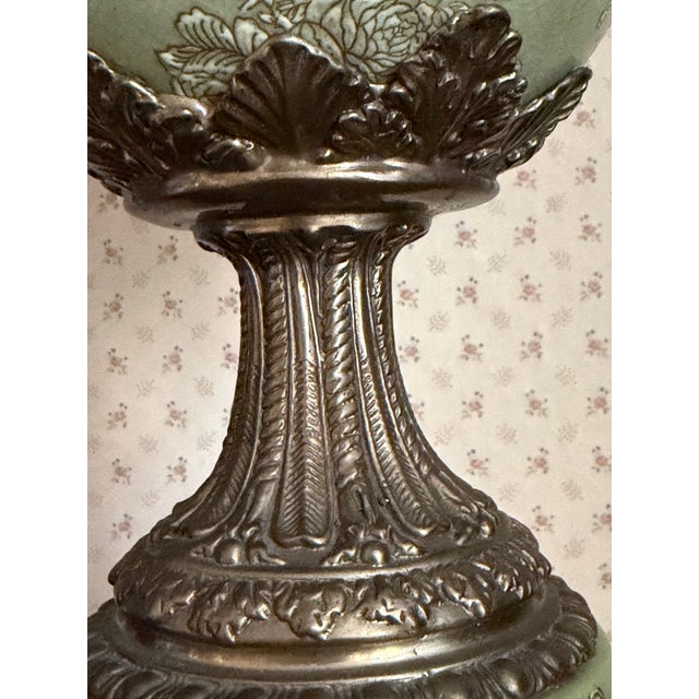 Asian Style Vintage Hua Rong Tang Zhi Bronze Mounted Sage Green Crackle Porcelain Urn Vase For Sale - Image 4 of 12