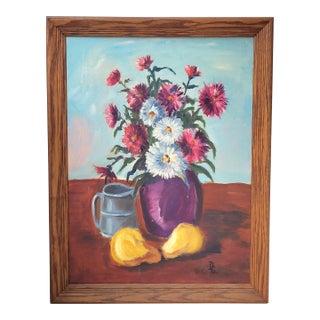 Vintage Signed D. Genereux Floral Still Life – Framed Oil Painting on Canvas For Sale