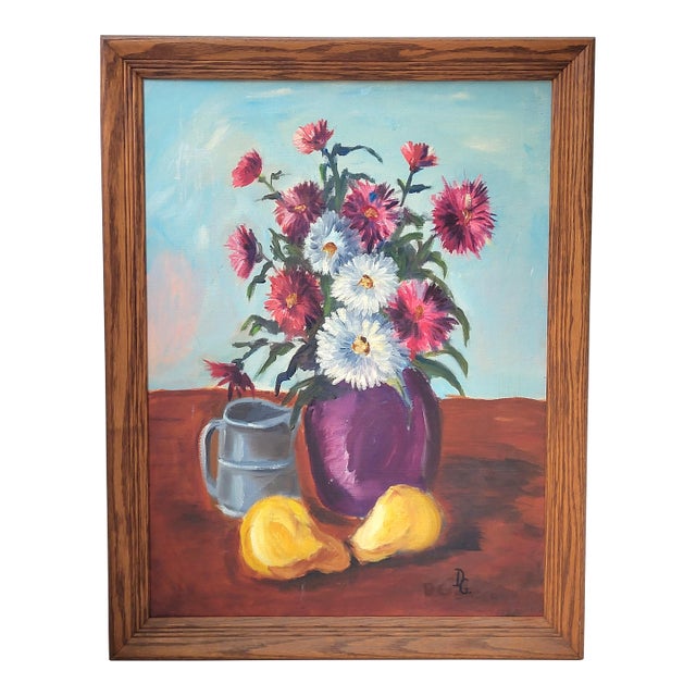 Vintage Signed D. Genereux Floral Still Life – Framed Oil Painting on Canvas For Sale