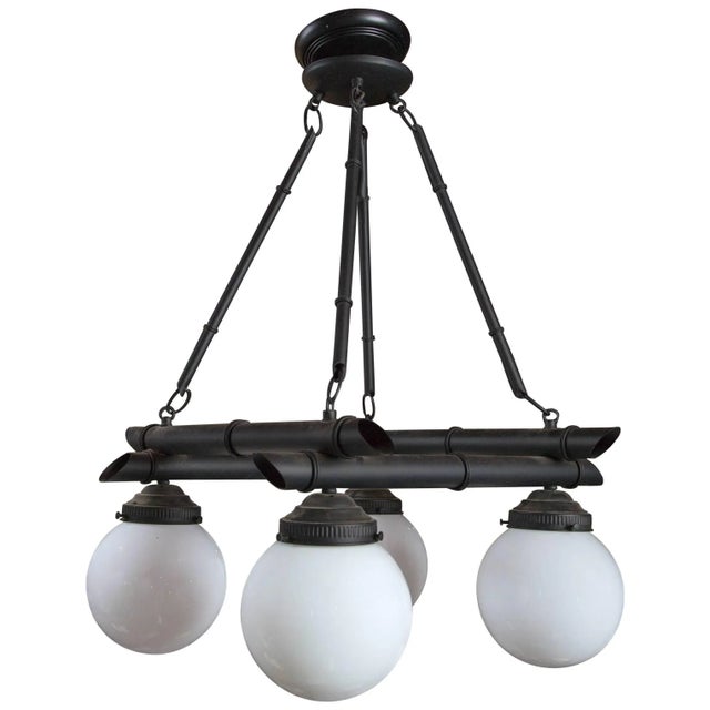 Four White Globe Black Metal Faux Bamboo Chinoiserie Chandelier For Sale In New York - Image 6 of 6