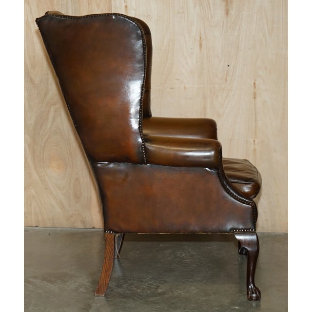 Vintage Pair of Chesterfield Chestnut Brown Leather Wingback Armchairs & Footstools For Sale - Image 11 of 18
