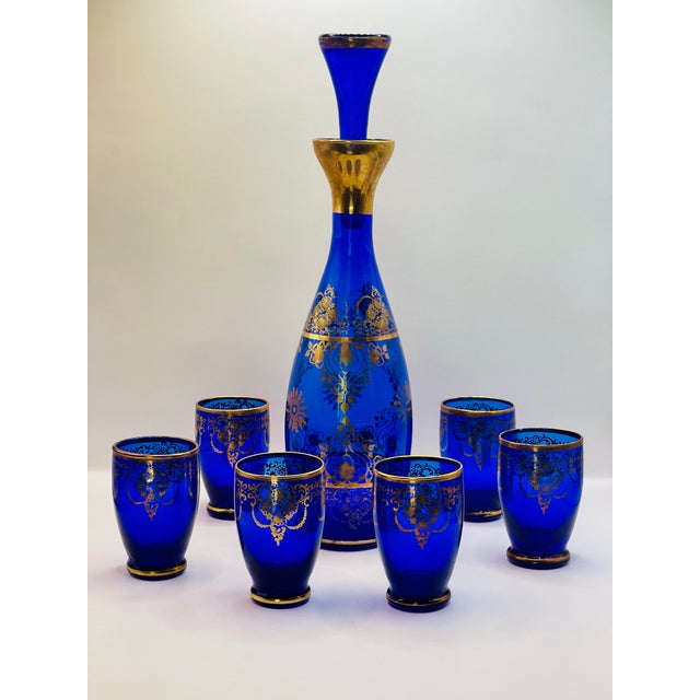 Glass Early 20th Century Bohemian Glass Blue & Gold Decanter Set- 6 Glasses & Decanter For Sale - Image 7 of 11