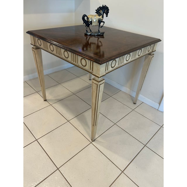Brown 1960s Hollywood Regency Style Game Table by Heritage Furniture-Neoclassical Parquetry Side Table-Gilt Accented Square Dinner Table For Sale - Image 8 of 11