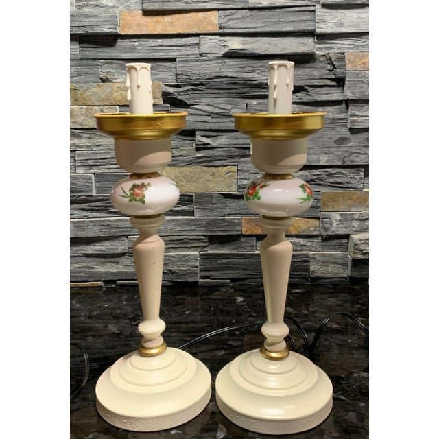 Vintage Milk Glass and Brass Hand Painted Floral Candle Table Lamp a