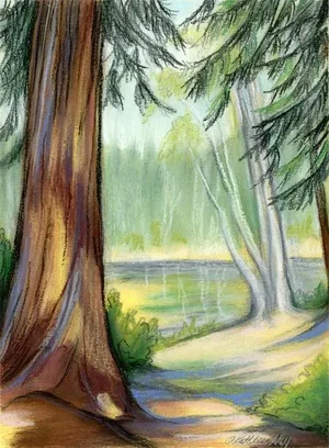 "Lake View 2" Contemporary Original Expressionist Landscape Pastel Drawing by Kathleen Ney