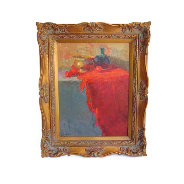 Original oil painting entitled "Gretchen's Red Shawl" by artist Jeanette LeGrue. Oil on board. Still life. Artist signed...