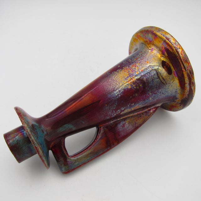 Antique Red Metallic Lustre Art Pottery Candle Holder With Gold and Blue Accents For Sale - Image 4 of 12