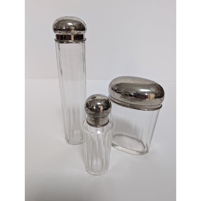 Art Deco Period Fluted Glass and Silver Top Toiletry Set with three matching pieces. Excellent Condition. Family Original...