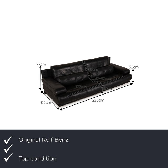 The three-seater 6500 by Rolf Benz is covered with a black real leather and stands on round, elongated metal feet. It is...