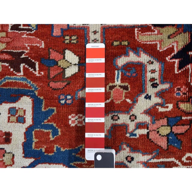 1930 Crimson Red Antique Persian Heriz Rosette Hand Knotted Pure Wool Clean Rug For Sale - Image 11 of 12