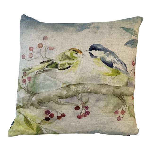 16" Square Decorative Toss Pillow Embellished With a Pair of Colorful Birds Perched on a Tree Limb With Red Berries - Made in the U K For Sale