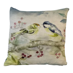 16" Square Decorative Toss Pillow Embellished With a Pair of Colorful Birds Perched on a Tree Limb With Red Berries - Made in the U K