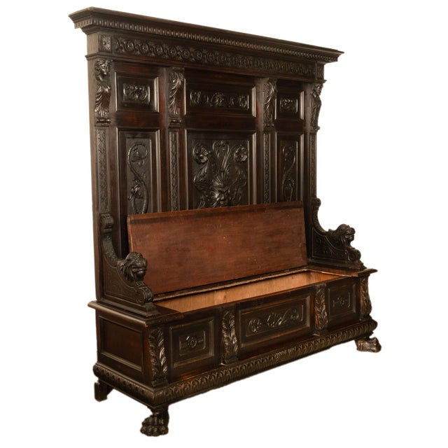 Antique 19th Century Italian Renaissance Revival Carved Hall Bench Storage Settle 1880 For Sale In Portland, OR - Image 6 of 15