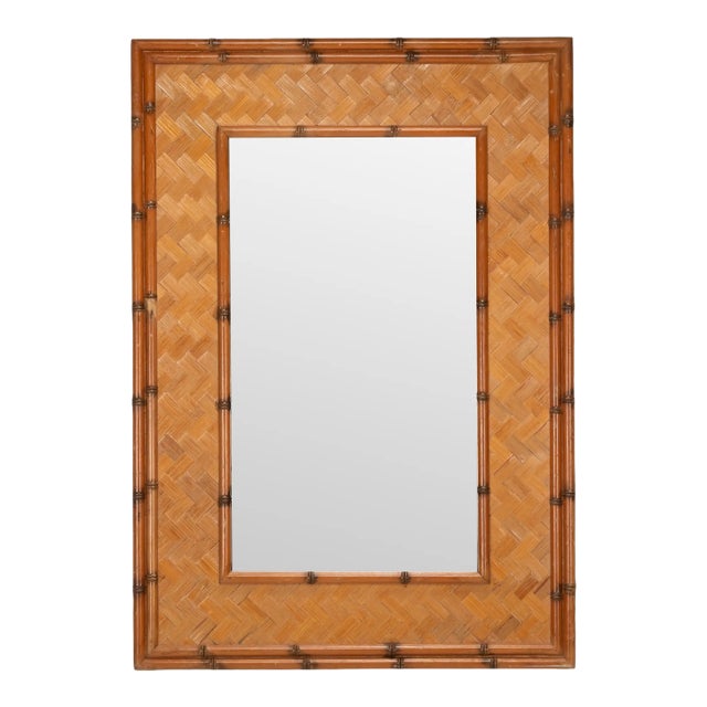 Vintage Boho Parquet Rattan Mirror With Bamboo Border For Sale