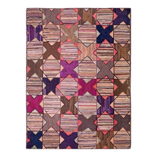 1880s Multicolor Geometric Folk Art Antique American Hooked Rug 4'6" X 6' Handknotted Wool Carpet For Sale