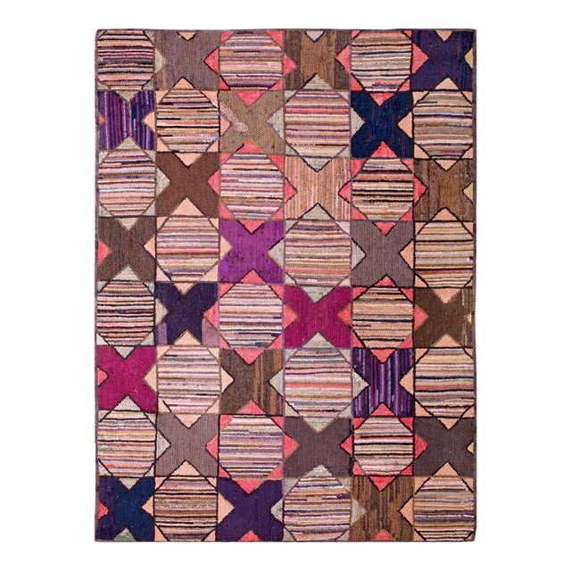 1880s Multicolor Geometric Folk Art Antique American Hooked Rug 4'6" X 6' Handknotted Wool Carpet For Sale