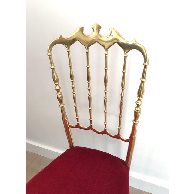 Neoclassical 1940s Italian Brass Chiavari Chair and Stool, Seats Covered in Red Velvet- 2 Pieces For Sale - Image 3 of 12
