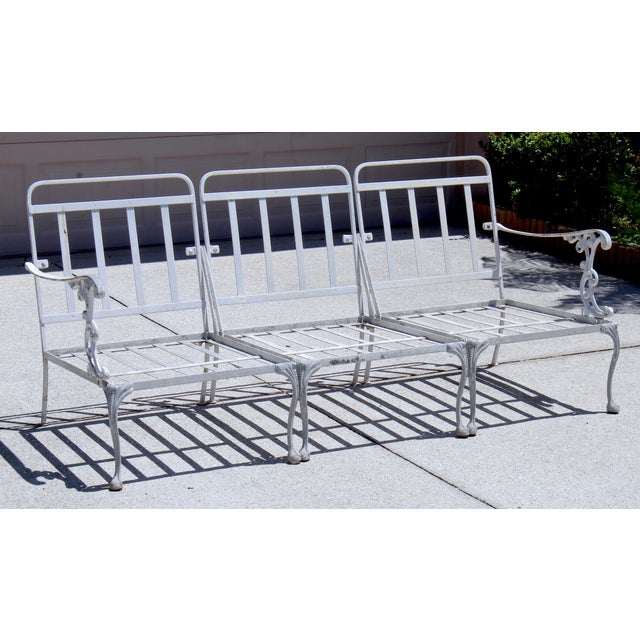 Metal Vintage 1950s Cast Aluminum Patio Set | 5-Piece Outdoor Seating | Rocker Chairs + Bench + Glass Top Table | Hollywood Regency Garden Furniture For Sale - Image 7 of 18