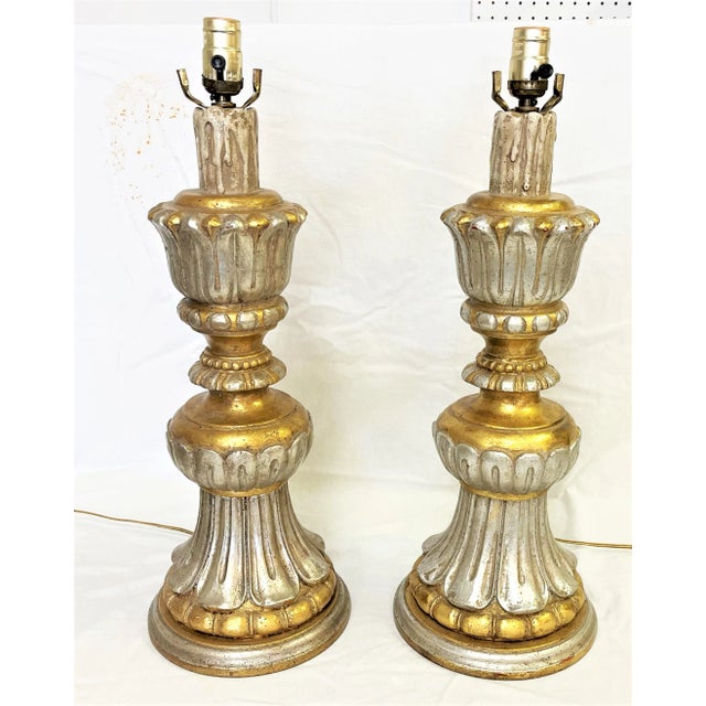 Vintage Italian Fluted Wood Silver and Gold Gilt Lamps- a Pair For Sale In West Palm - Image 6 of 13