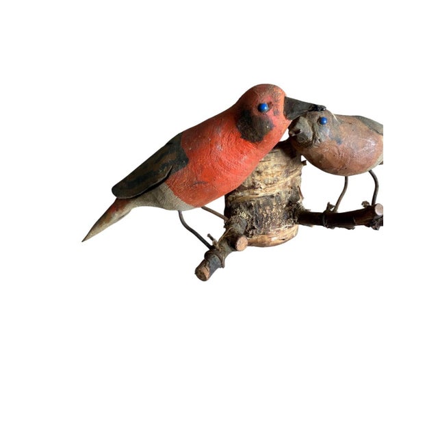A pair of folk art birds from Austria — hand carved wood. Measures 9" x 4" x 3.25". A charming folk-art pair for a shelf,...