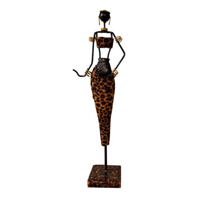 Vintage African Inspired Metal Female Sculpture With Leopard Print, Handcrafted Global Eclectic Figurine, 18.5 For Sale