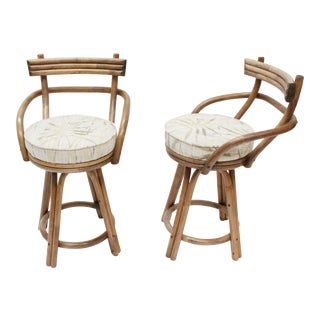 Mid-Century Modern Rattan Bamboo Swivel Bar Stools - Set of 2 For Sale