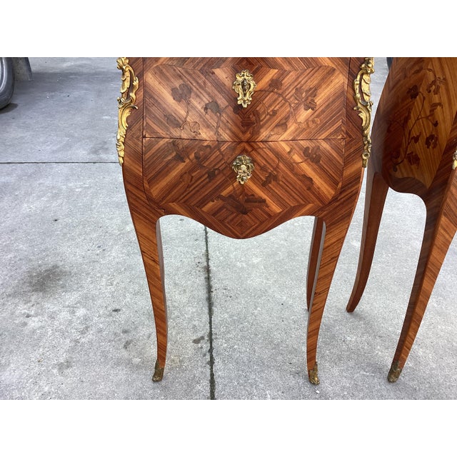 Exceptional Pair French Inlay Night Tables W/Marble For Sale - Image 10 of 10