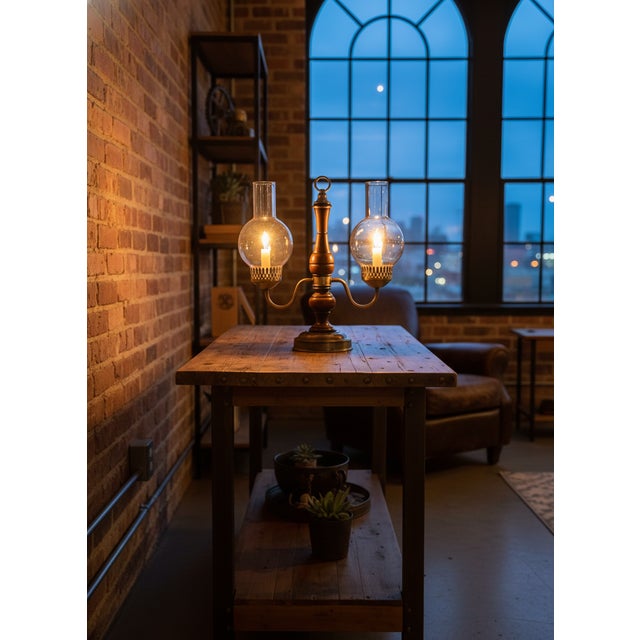 Mid-Century Modern Vintage Brass and Wood Candelabra With Two Hurricane Glass Shades For Sale - Image 3 of 18