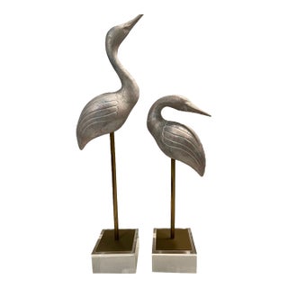 1970s Hollywood Regency Silver Leaf Crane Sculptures on Thick Lucite Bases - A Pair For Sale