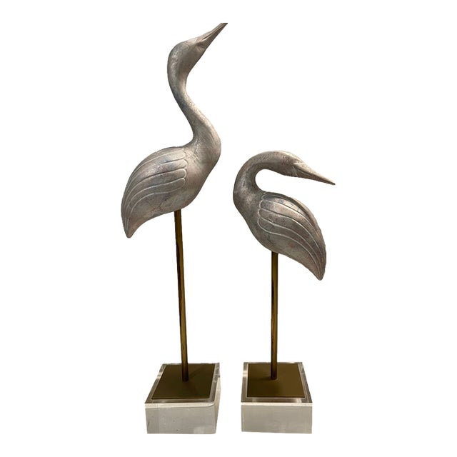 1970s Hollywood Regency Silver Leaf Crane Sculptures on Thick Lucite Bases - A Pair For Sale