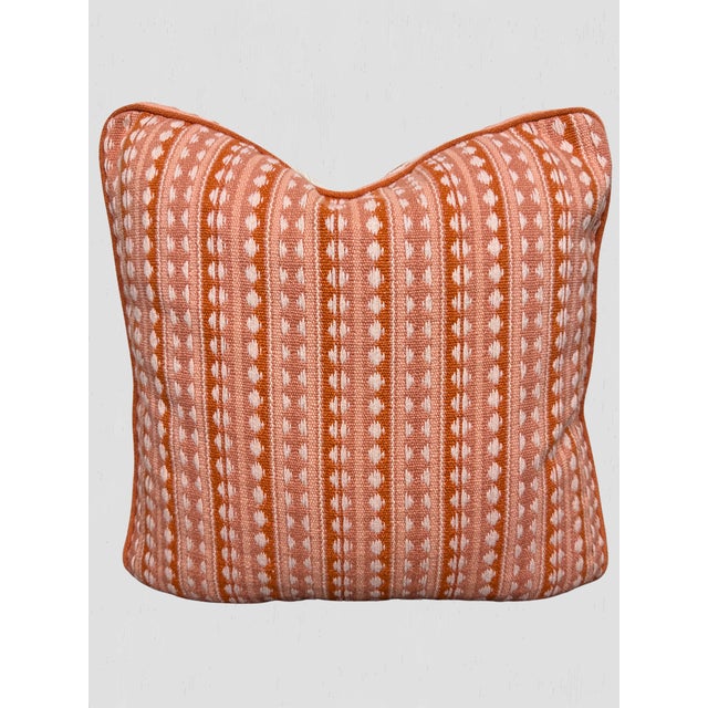 Beautiful custom made box pillow pair in Schumacher Tarnby Stripe in Coral. White tape, coral cord. Down blend inserts....