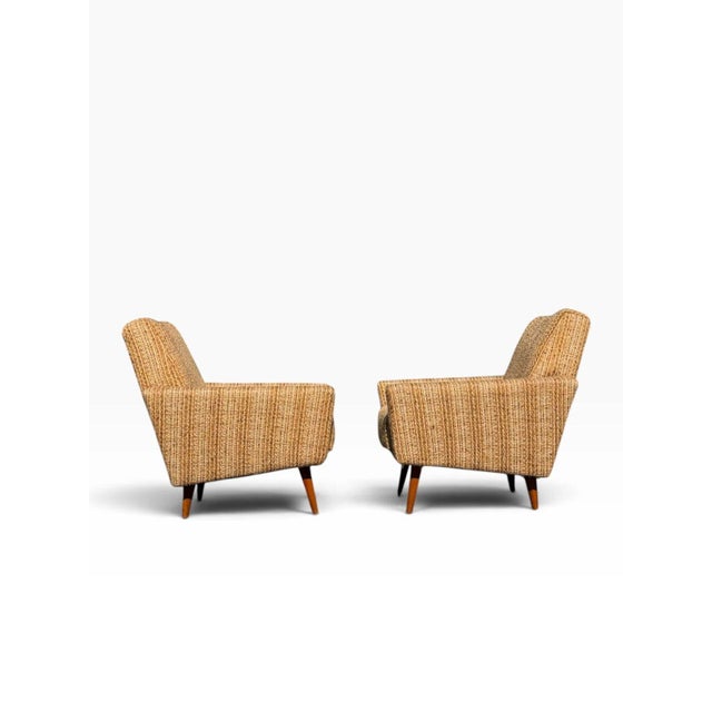Pair of Danish Modern Lounge Chairs | Sculptural Flared Arms in Woven Tweed | Tapered Wood Legs | C. 1960s For Sale - Image 4 of 16
