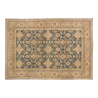 Authentic North Indian Navy Blue, Beige Handmade Wool Rug For Sale