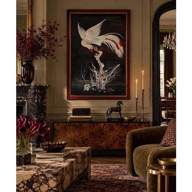 Striking 1970s vintage surrealist-style oil on canvas painting featuring a dramatic white bird hovering above an abstract,...