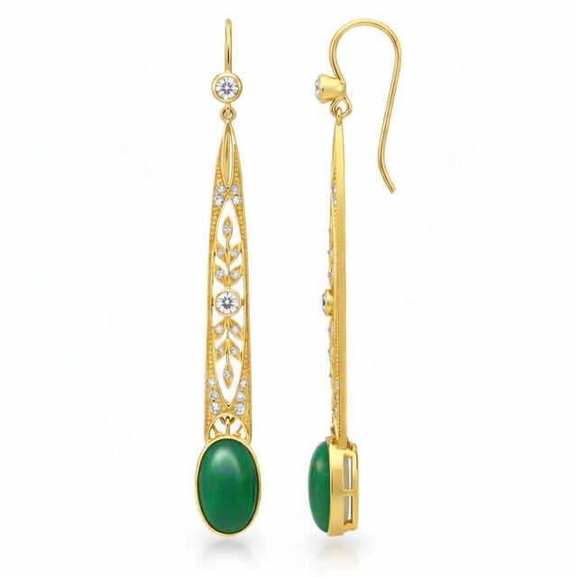 Modern Art Nouveau Green Onyx Drop Earrings Silver, Gold, A Pair For Sale - Image 3 of 5