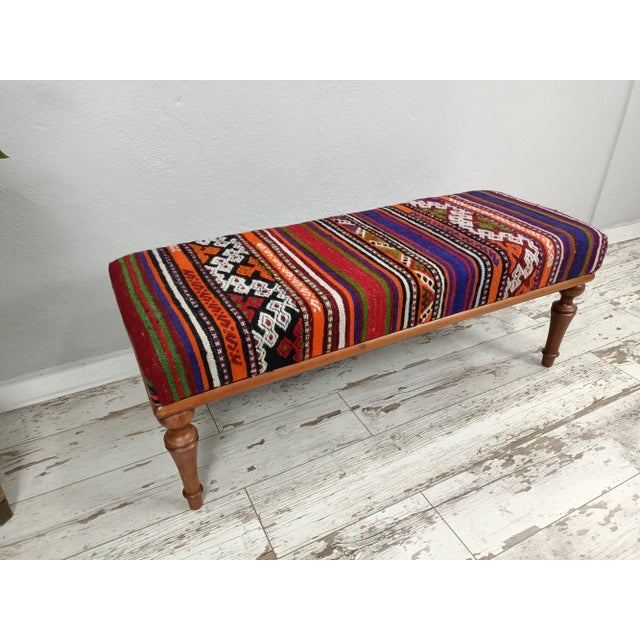 Handmade Turkish Kilim Upholstered Dining Bench For Sale - Image 9 of 9
