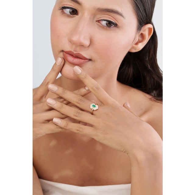 19th Revival Style Emerald Art Deco Ring With Cluster Diamonds Size 4 in 14k Gold For Sale - Image 10 of 17