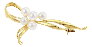 Mikimoto 5.5mm Akoya 5 Pearls Ribbon Loop 18k Yellow Gold Brooch Pin