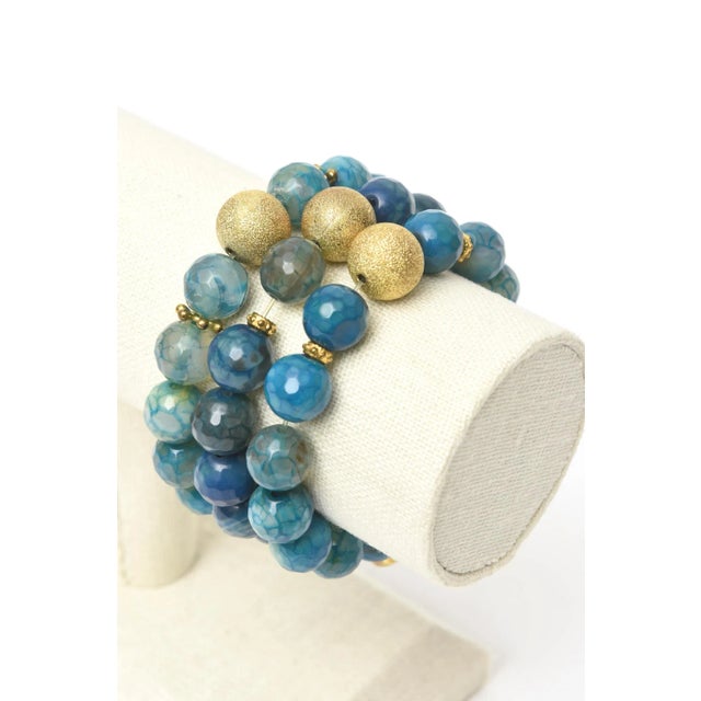 Blue Set of 3 Jeweler Custom Made Beaded Blue Sapphire Agate Gold Ball Bracelets For Sale - Image 8 of 10