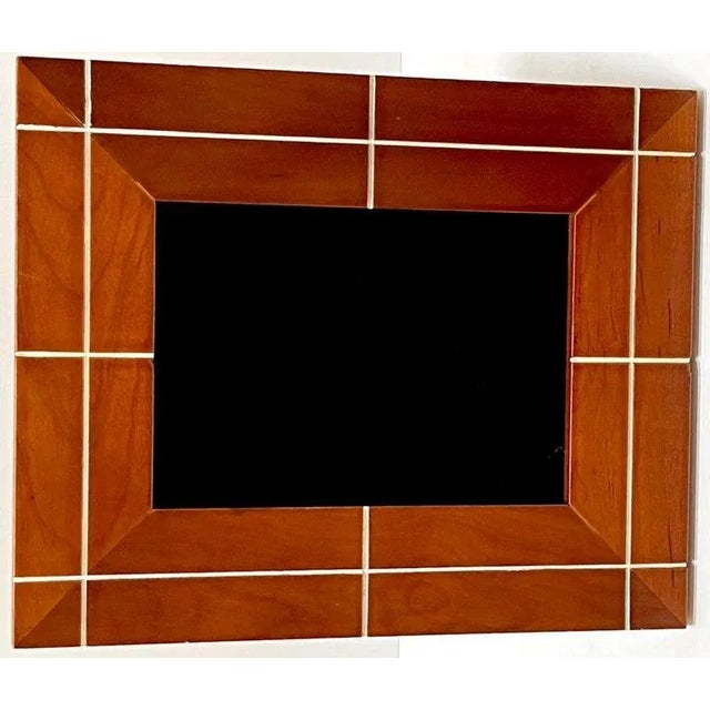 French Modern Engraved Walnut Architectural & White Enamel Grid Pattern Frame France, Circa 1960s Holds a 4-inch x 6.5...